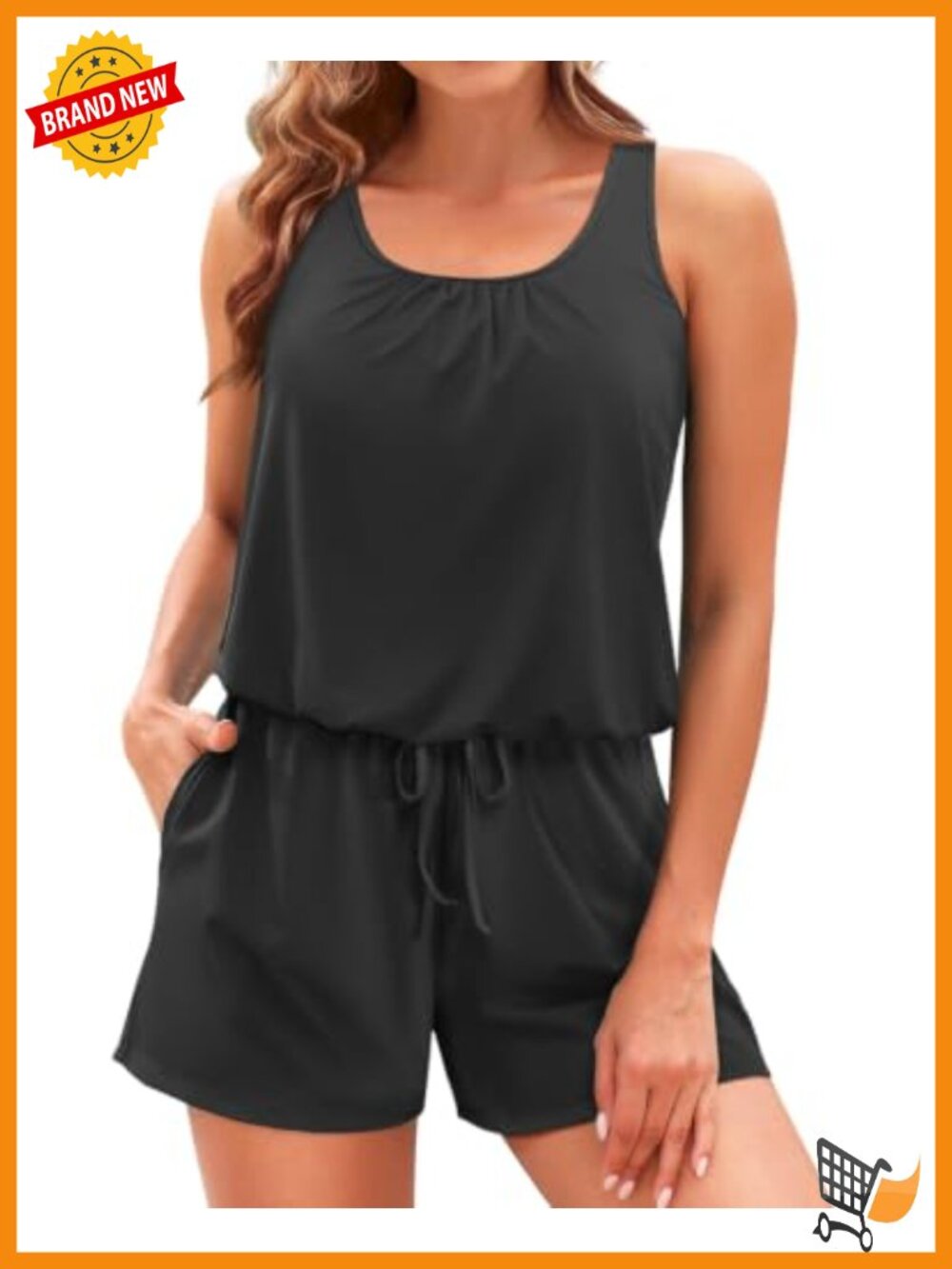 Modest One Piece Swim Romper with Shorts Pockets Adjustable Straps Boyleg